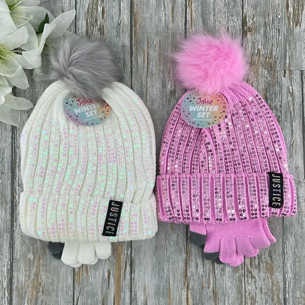 Girls Justice Ribbed & Full Print Winter Cozy Beanie and Gloves 2, 2-Piece Sets